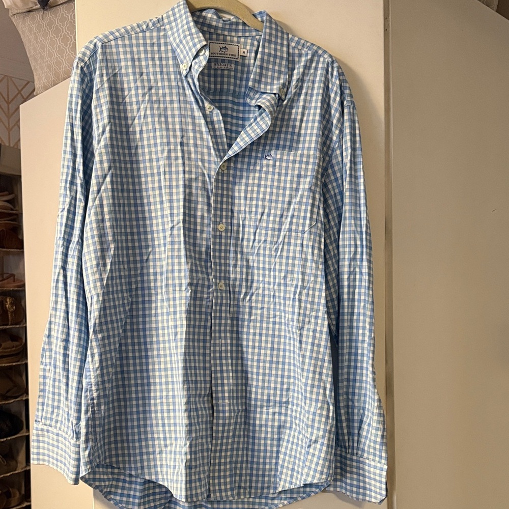 Light Blue, White and Green Plaid Shirt